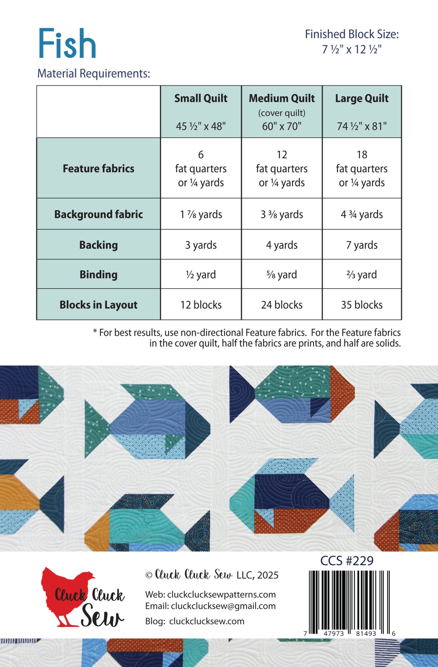 Quilt pattern guide for 'Fish' design with material requirements and fabric layout details.