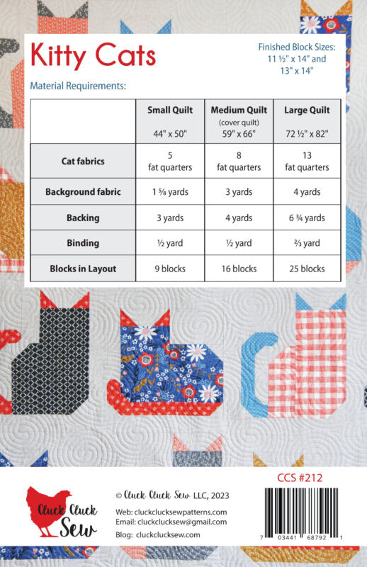 Quilt pattern with cat designs and material requirements chart on a colorful background
