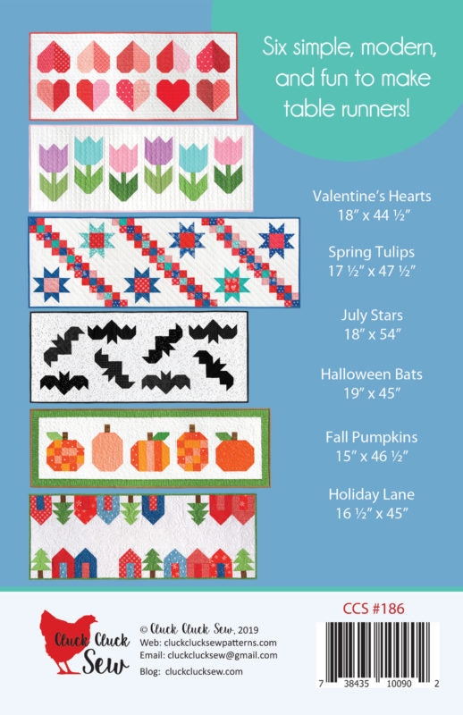 Table runner pattern collection with various designs on a blue background