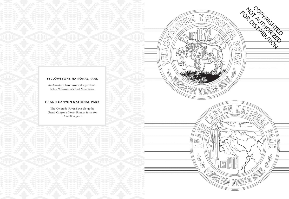 A black and white line art print featuring official seals of Yellowstone National Park and Grand Canyon National Park, with a text box listing both parks and a subtle gray geometric pattern on the left side.