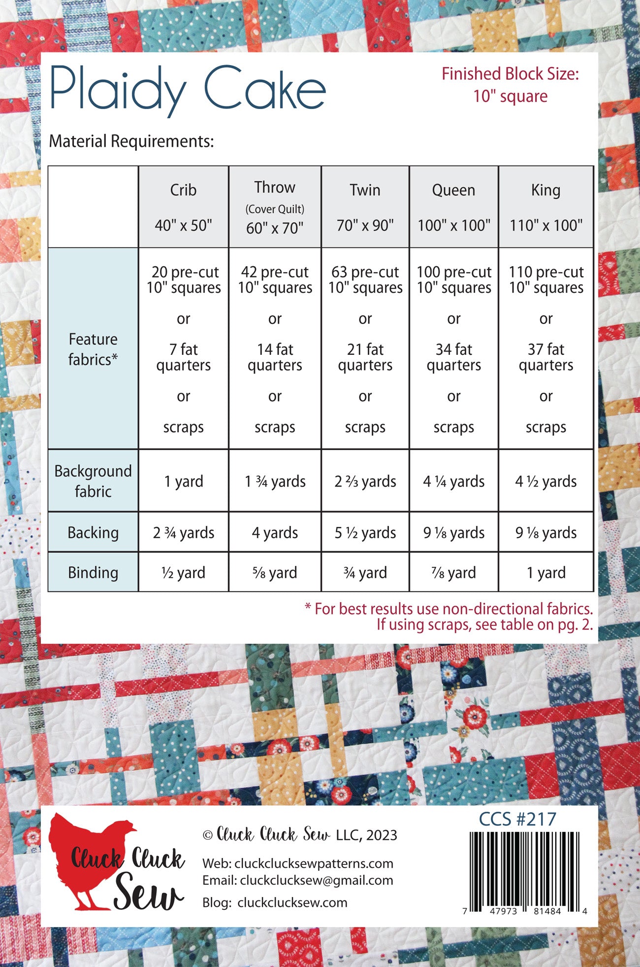 Quilt pattern guide with fabric requirements and design details on a colorful plaid background.