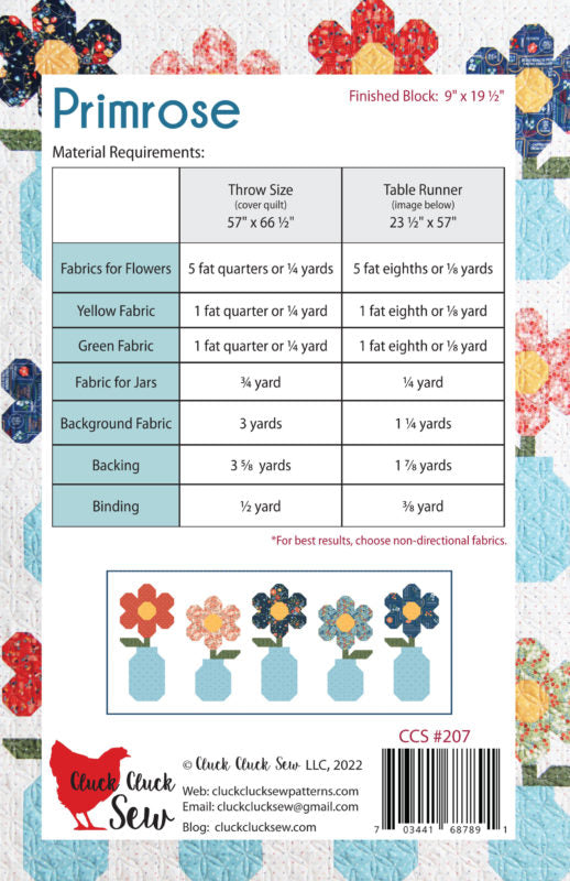 Fabric requirement chart for a quilt block design with flowers and jars.