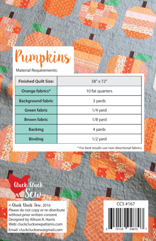 Fabric requirement chart for a quilt with pumpkins on a gray background, featuring the Cluck Cluck Sew brand.