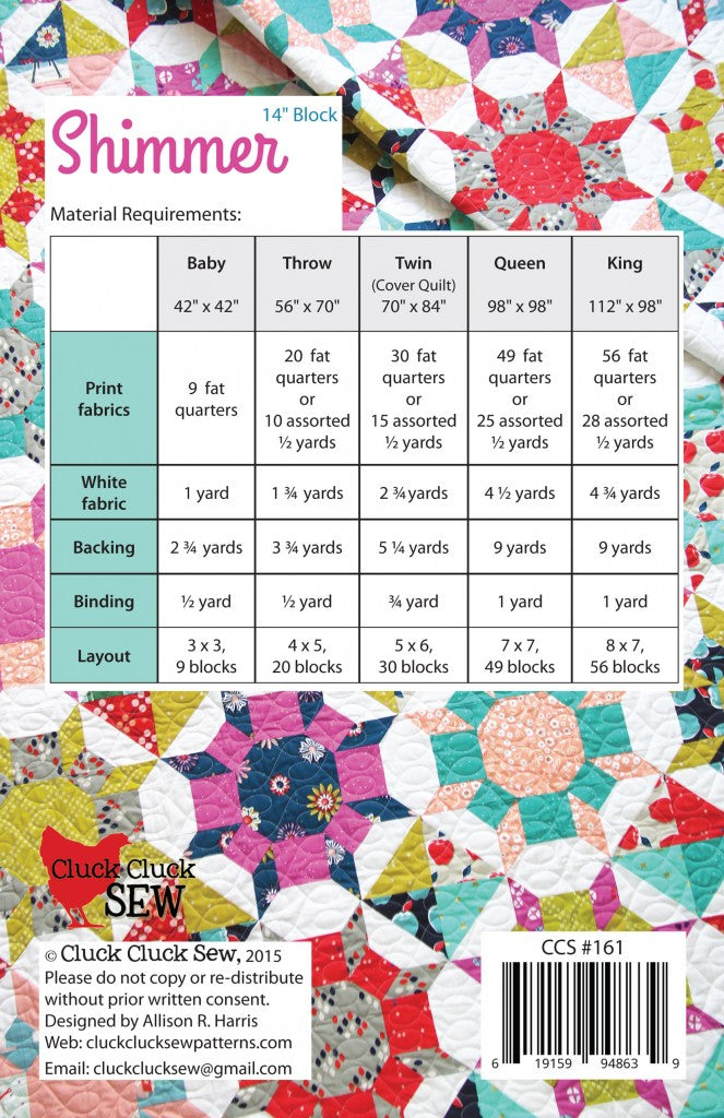 Quilt pattern with material requirements chart and colorful quilt design