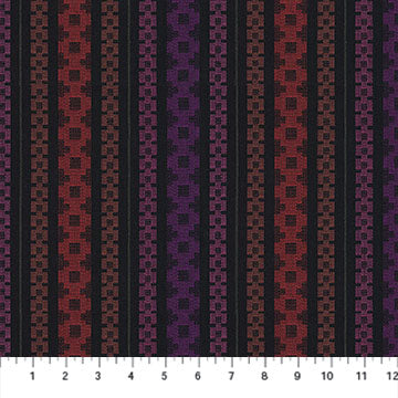 Woven fabric swatch with a black background and warm red, purple link shapes. For sewing, quilting, garment making, 100% cotton