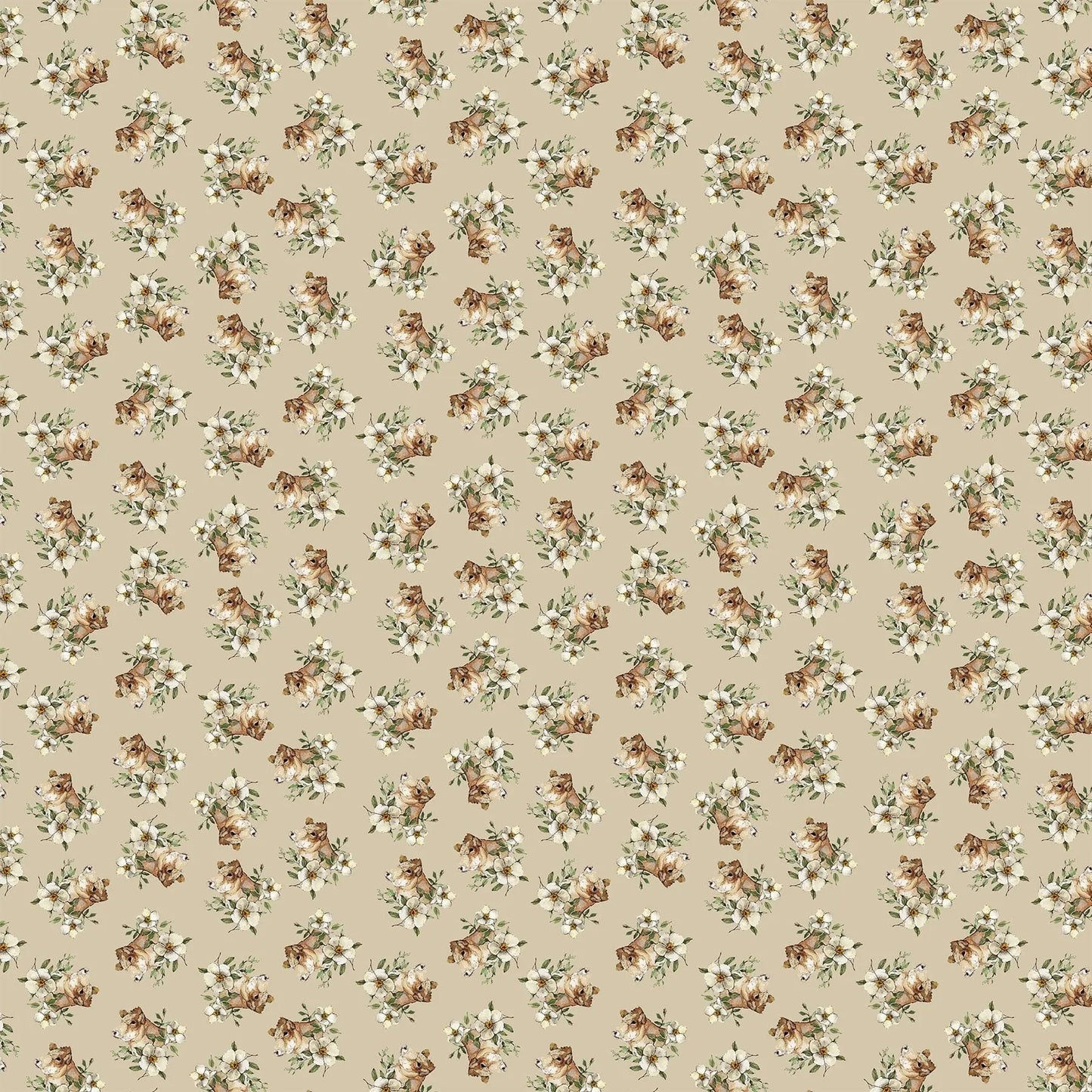 tan colored fabric with small flower and cow illustrations. typically used for quilting and crafting. from Country Side Comforts from FIGO Fabrics