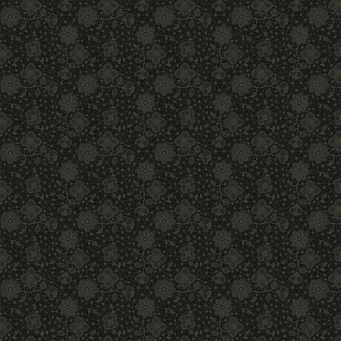 Fabric with a black background and a gray doily illustration design. from Klara FIGO Fabrics fat quarter bundle Bernadett Urbanovics