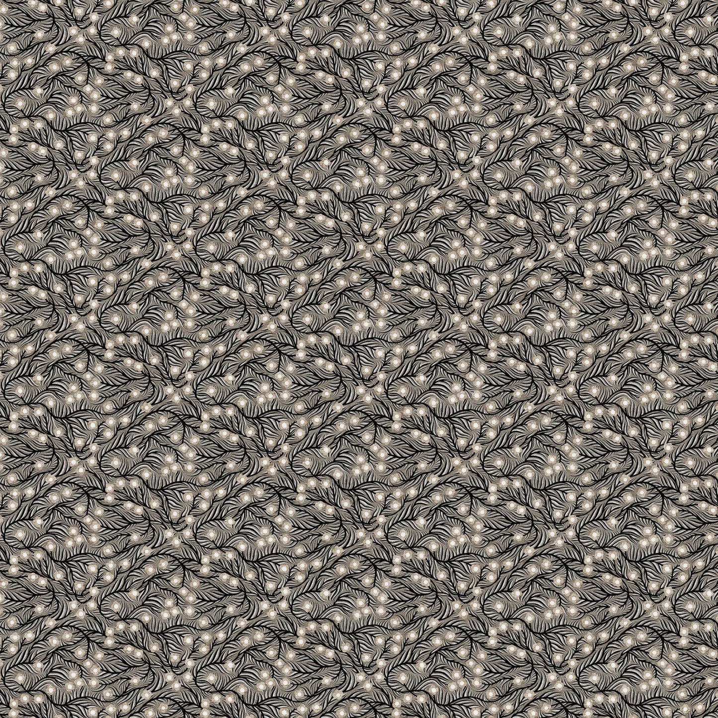 Patterned fabric with a repeating design on a black background. Linen cotton blend fabric material for sewing.