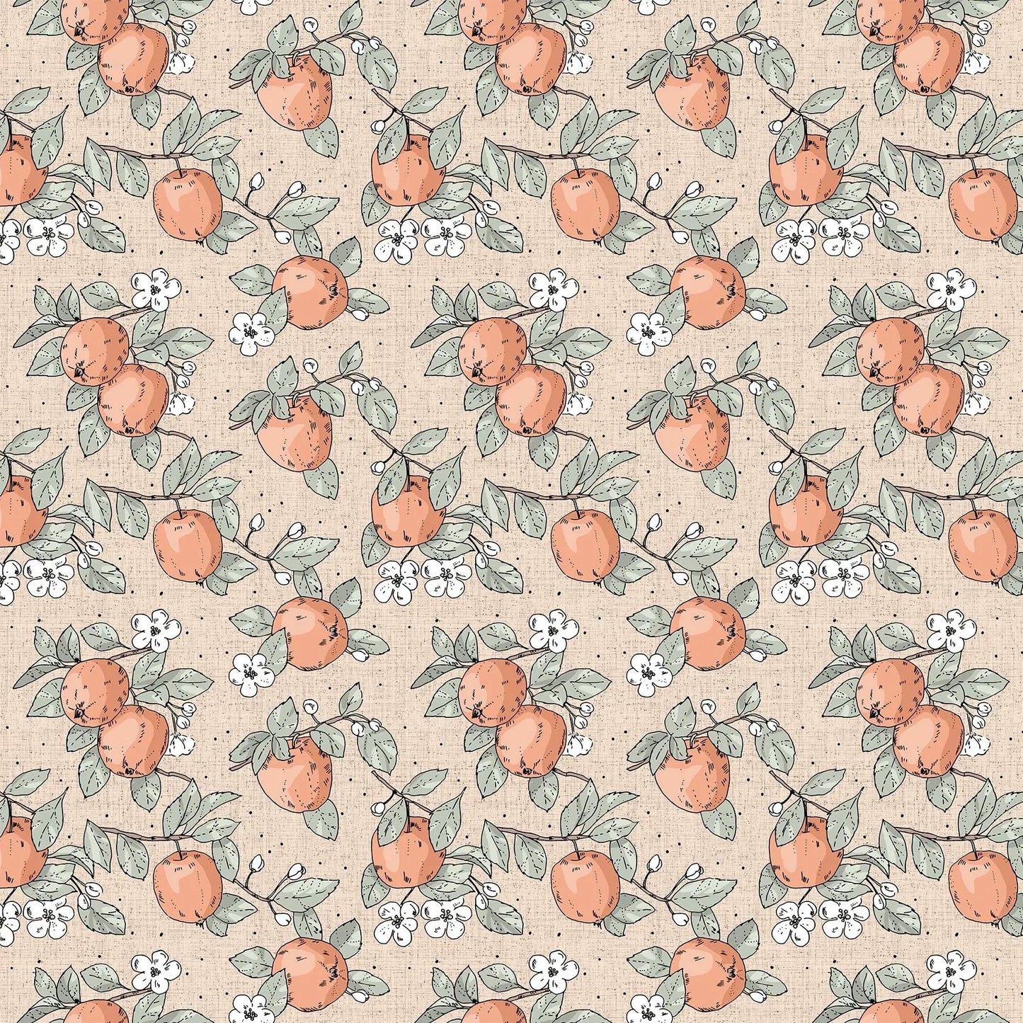 Fabric with a light blush background with apple illustration design. from Klara FIGO Fabrics fat quarter bundle Bernadett Urbanovics