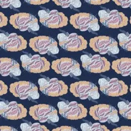 fabric showing brain illustrations on a dark blue background. Atomic Brains from Dear Stella 100% cotton.