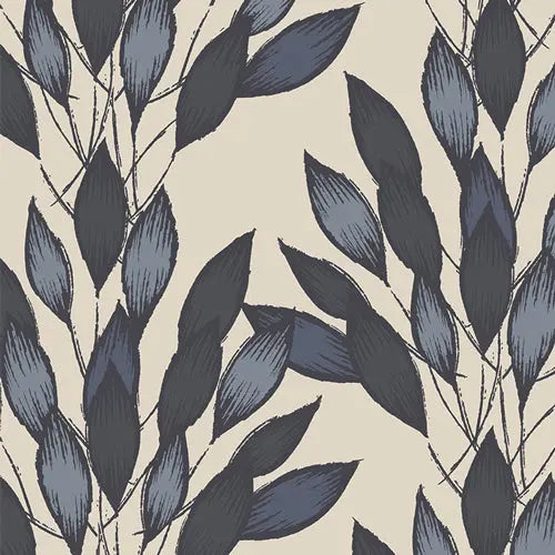 A section of a textile with a cream background and brushed leaves pattern in gray and blue tones. 100% cotton canvas fabric From Haven by Amy Sinbaldi 100% Premium Cotton for quilting and crafting by art gallery