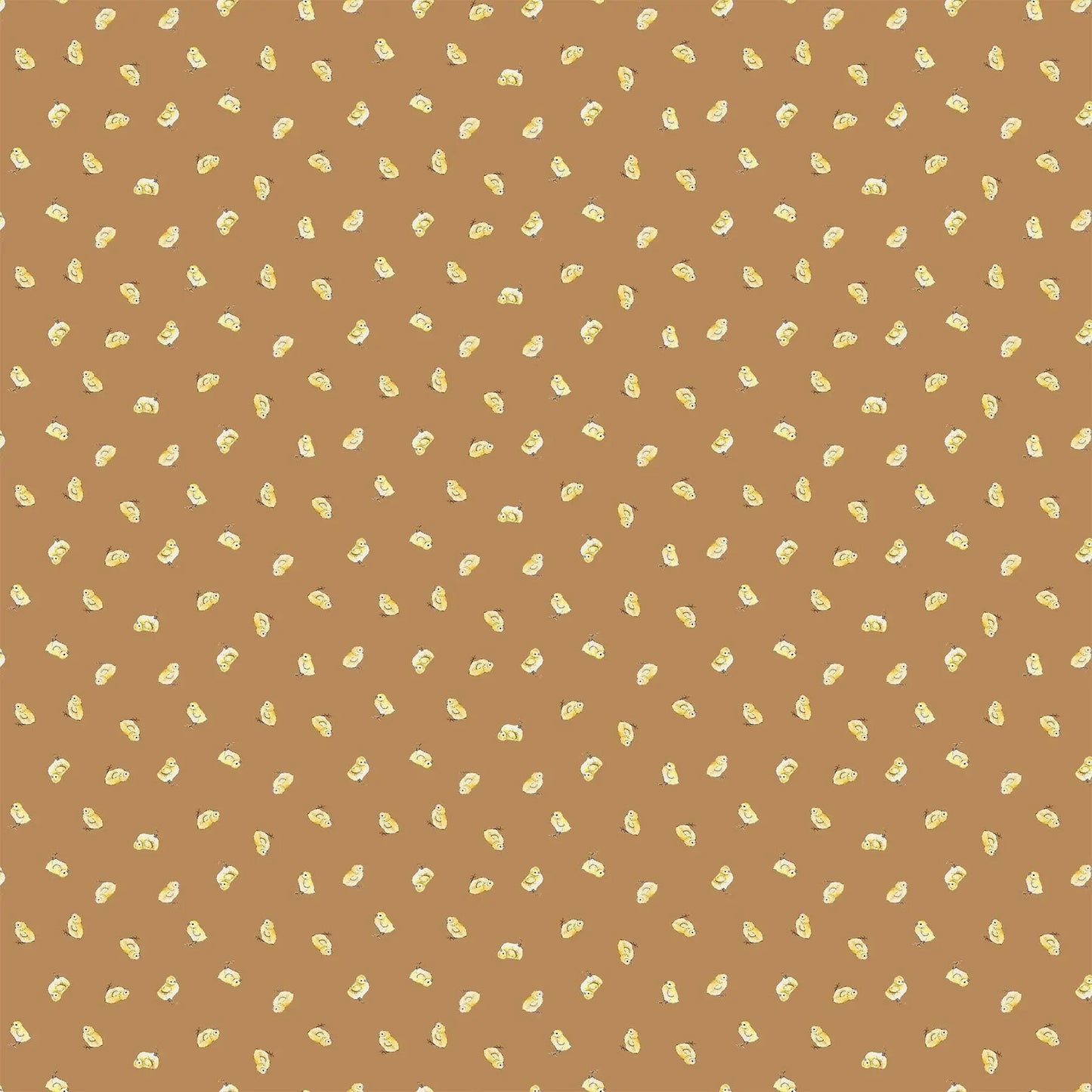 tan colored fabric with small chick illustrations. typically used for quilting and crafting. from Country Side Comforts from FIGO Fabrics