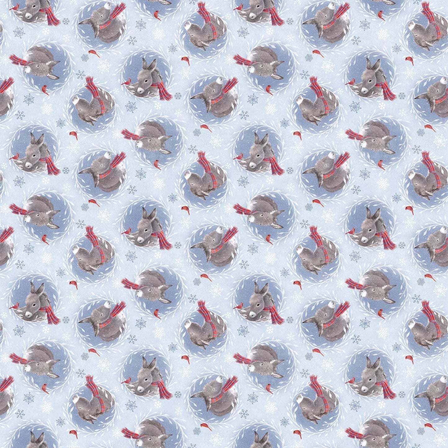a light blue flannel fabric with donkey illustrations. from FIGO Fabrics line Little Donkey's Christmas. 100% Cotton for quilting and crafting