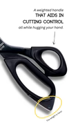 Black scissors with a highlighted weighted handle on a white background