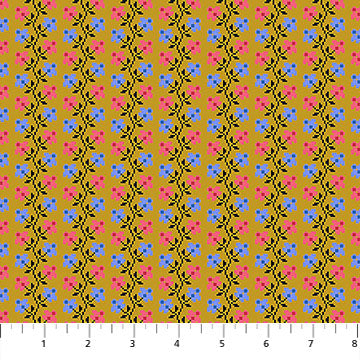 Patterned fabric with pink and blue flowers on a yellow background for sewing and crafting