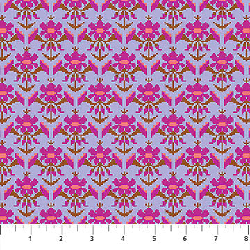 Patterned fabric with pink and orange flowers on a purple background for sewing and crafting