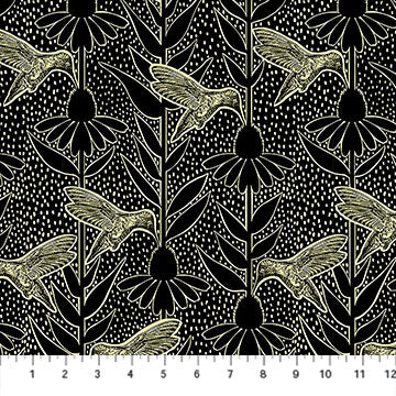 Fabric with gold hummingbird and floral pattern on black background by anna maria horner for sewing and quilting.