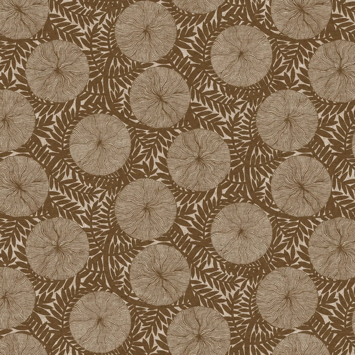 Pattern of circular shapes and leaves on a brown background. Linen cotton blend fabric material for sewing.