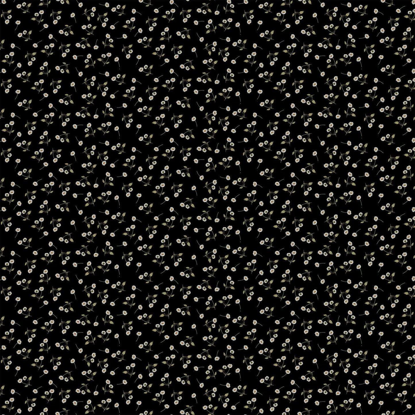 black colored fabric with small white flower illustrations. typically used for quilting and crafting. from Country Side Comforts from FIGO Fabrics