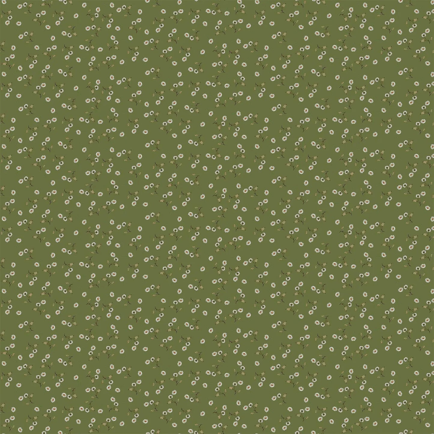 green colored fabric with small white flower illustrations. typically used for quilting and crafting. from Country Side Comforts from FIGO Fabrics