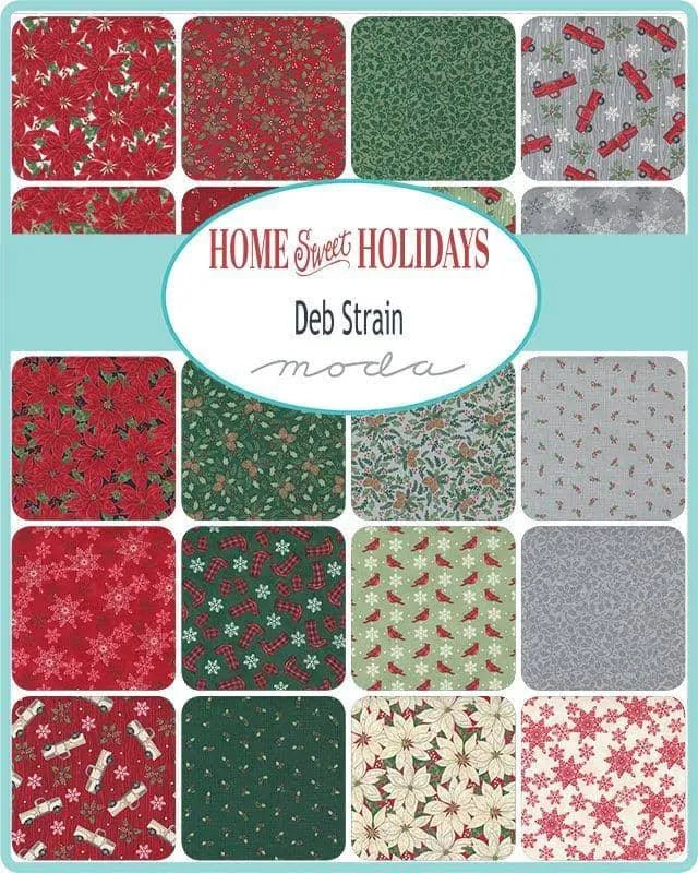 Collection of fabric swatches with Christmas patterns and 'Home Sweet Holidays' branding.