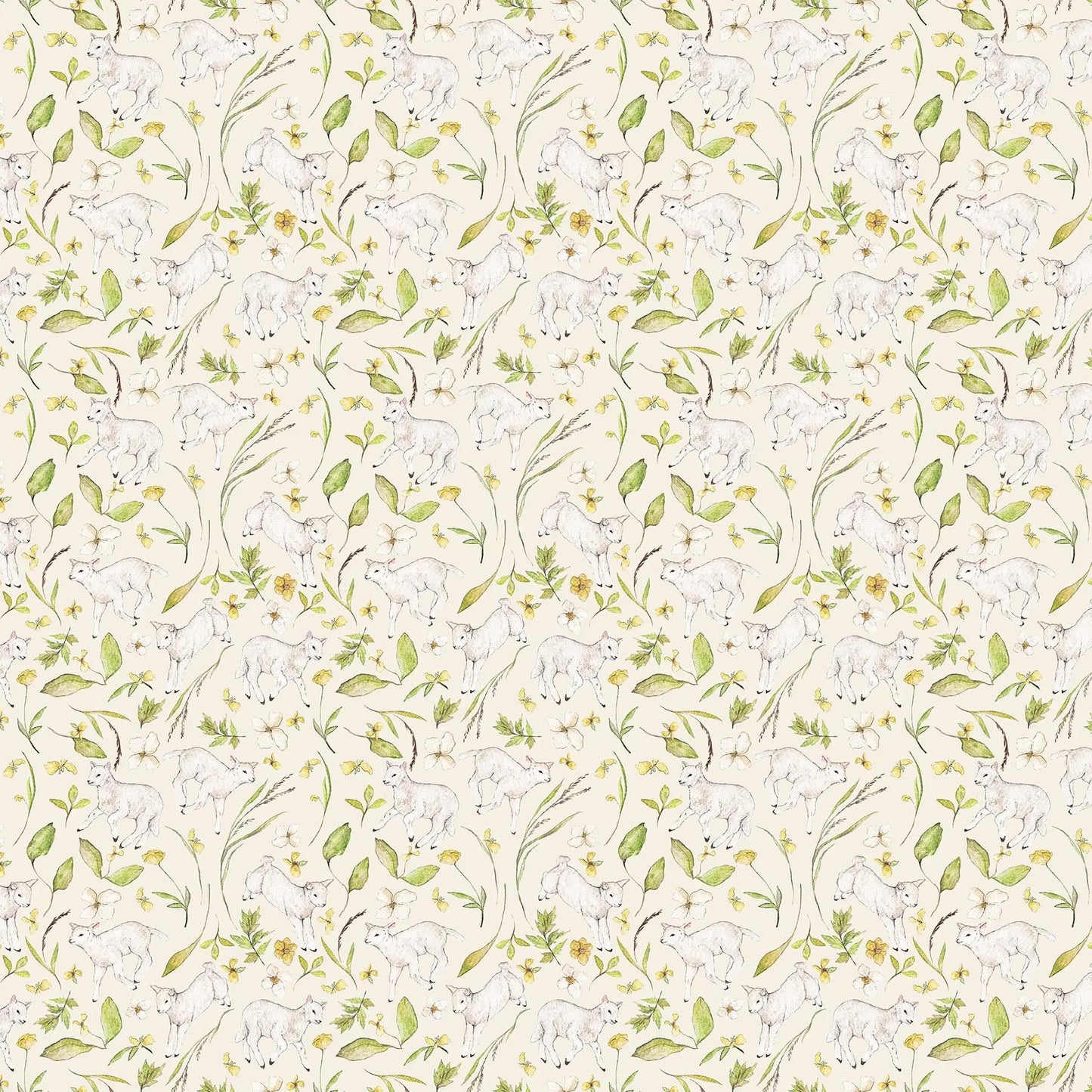 white colored fabric with baby lamb illustrations. typically used for quilting and crafting. from Country Side Comforts from FIGO Fabrics
