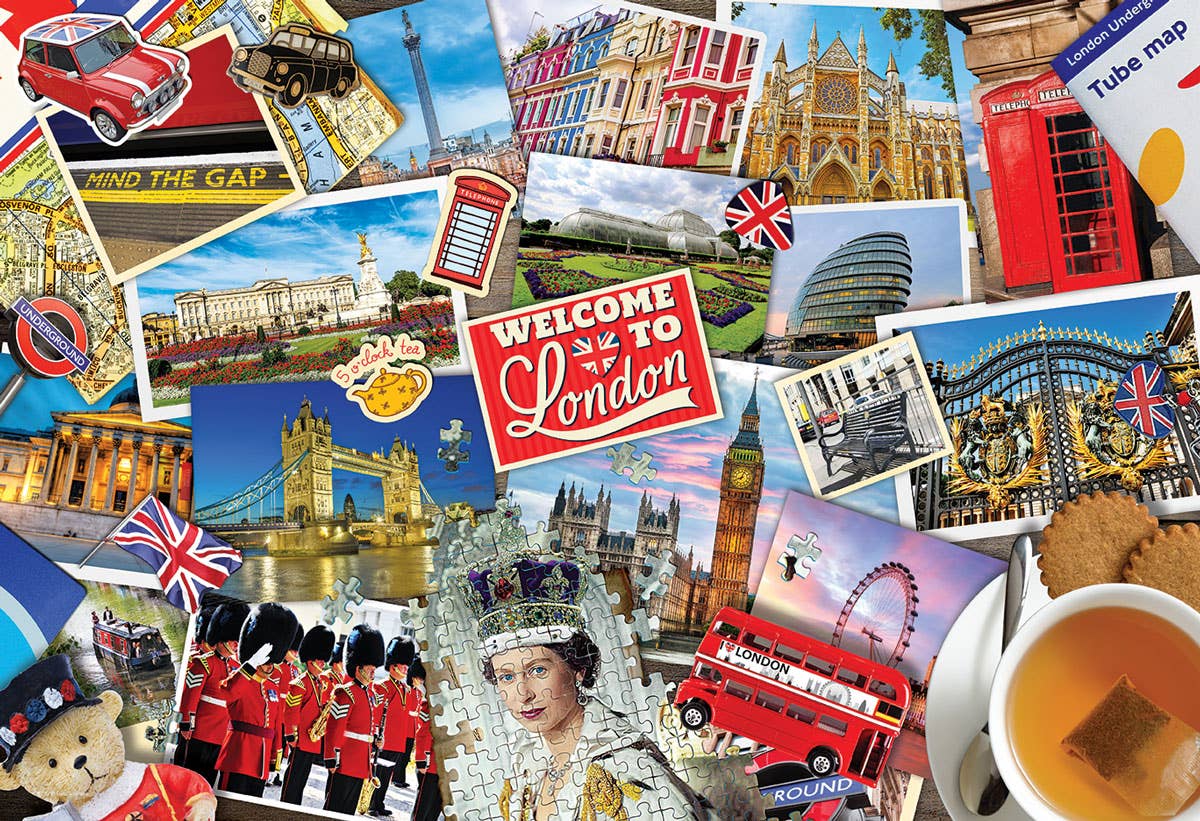 Collage of London-themed images including landmarks, flags, and a cup of tea.