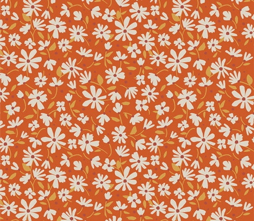 Fabric with a repeating floral pattern featuring white daisy-like flowers and small yellow-green leaves on a solid orange background for sewing and quilting.