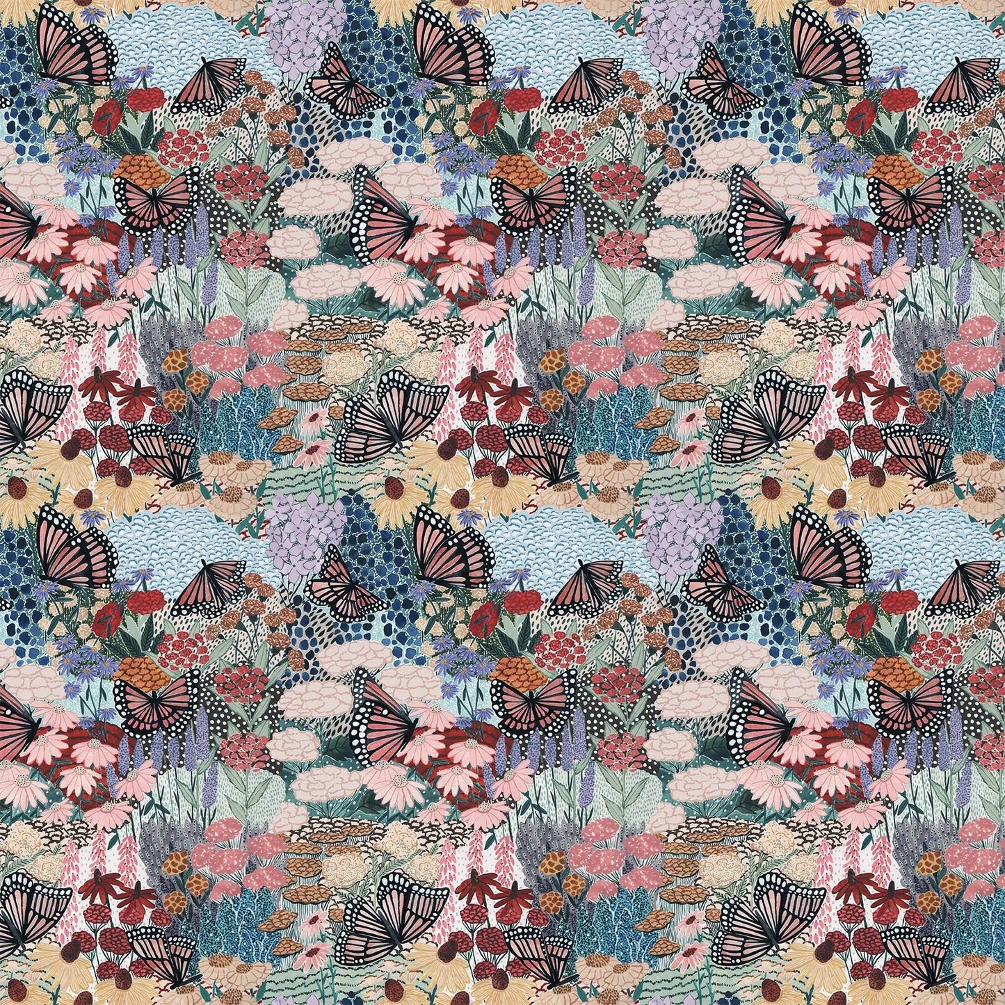 fabric with multicolor flower butterfly and fields illustrations. typically used for quilting and crafting. from Eden from FIGO Fabrics