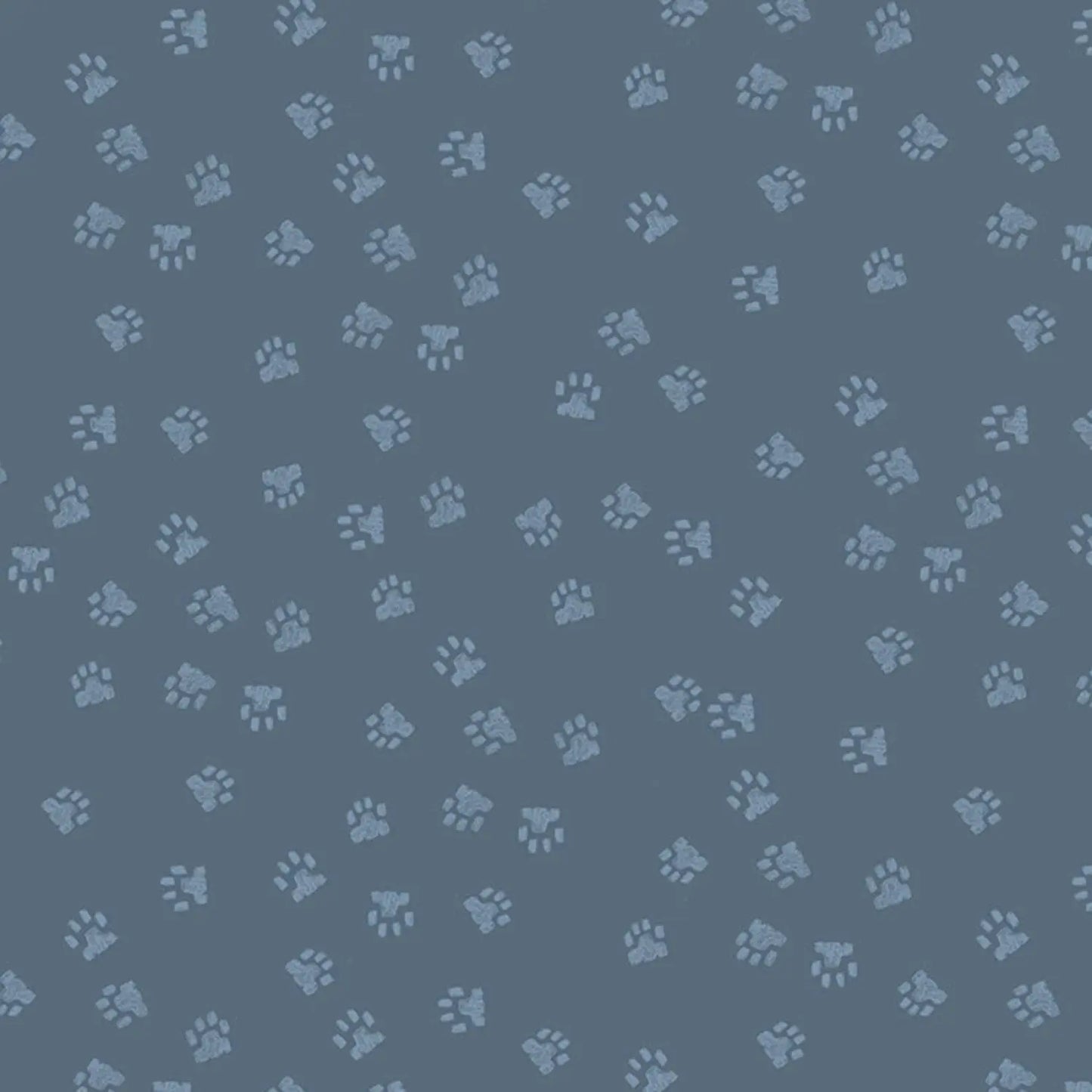 A fabric with a pattern of paw prints on a grey background, intended for quilting and crafting.