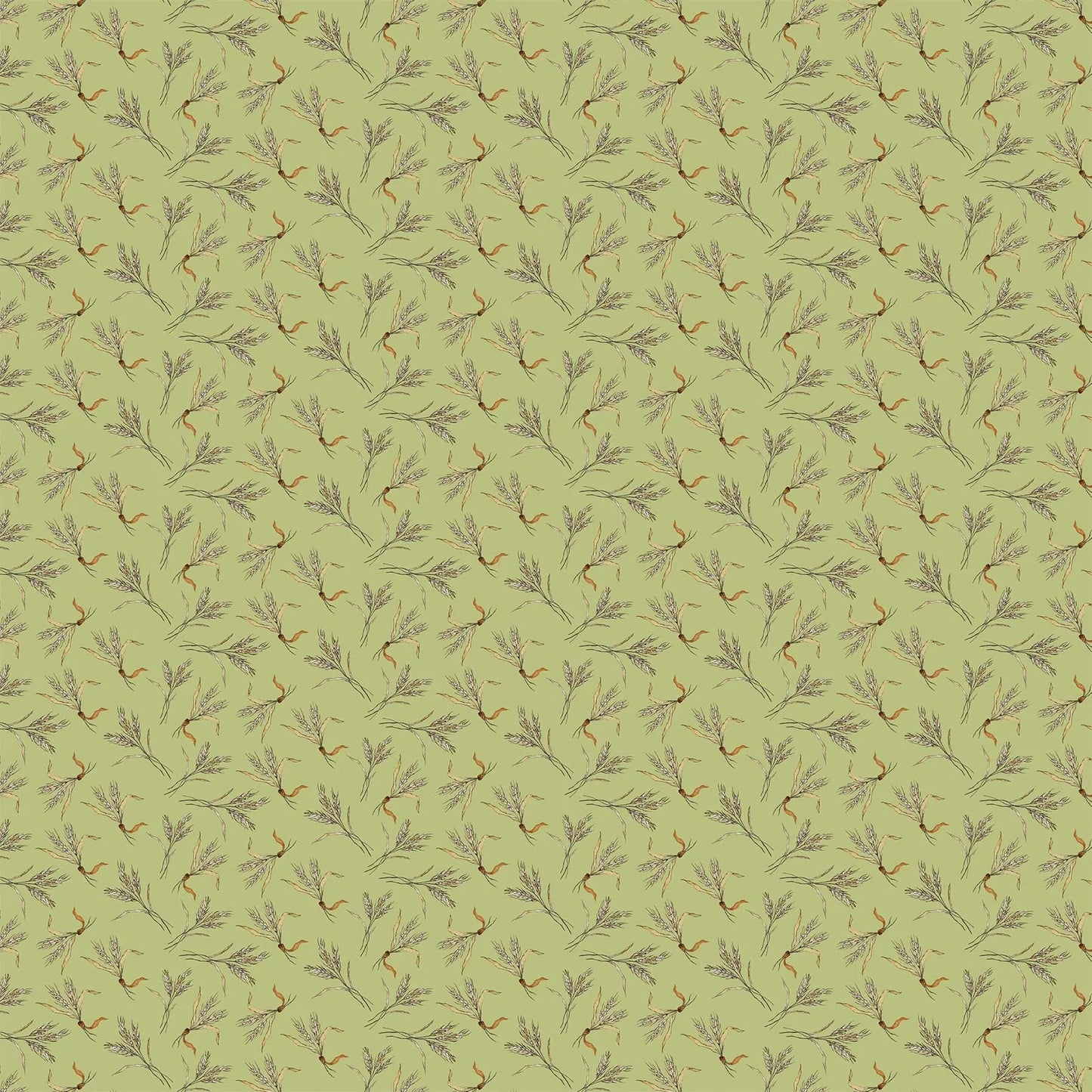 pistachio colored fabric with small wheat illustrations. typically used for quilting and crafting. from Country Side Comforts from FIGO Fabrics