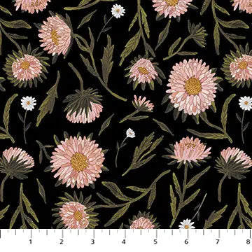 Floral pattern with pink flowers on a black background. 100% Rayon Fabric for sewing garments, flowing, light
