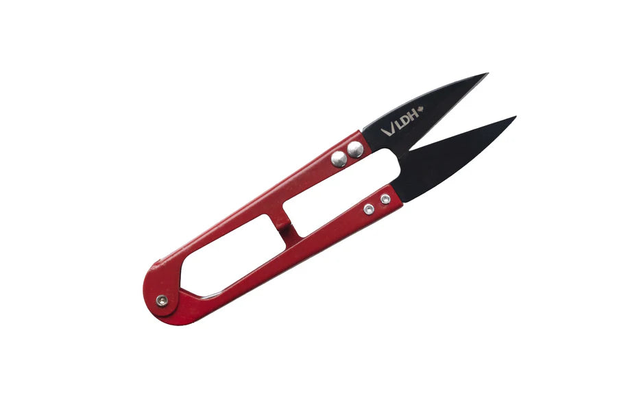 Red and black carbon steel thread snips visible brand logon LDH on a white background