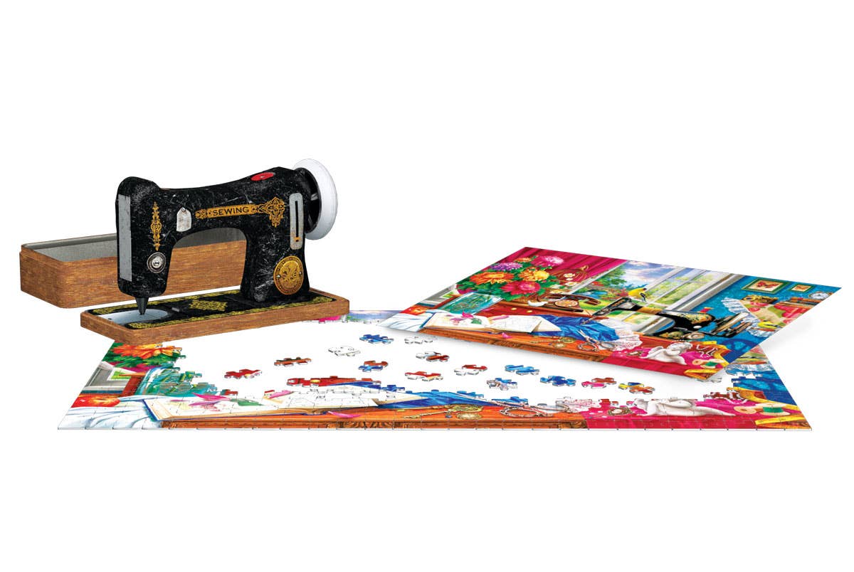 Toy sewing machine puzzle on a colorful fabric with a white background