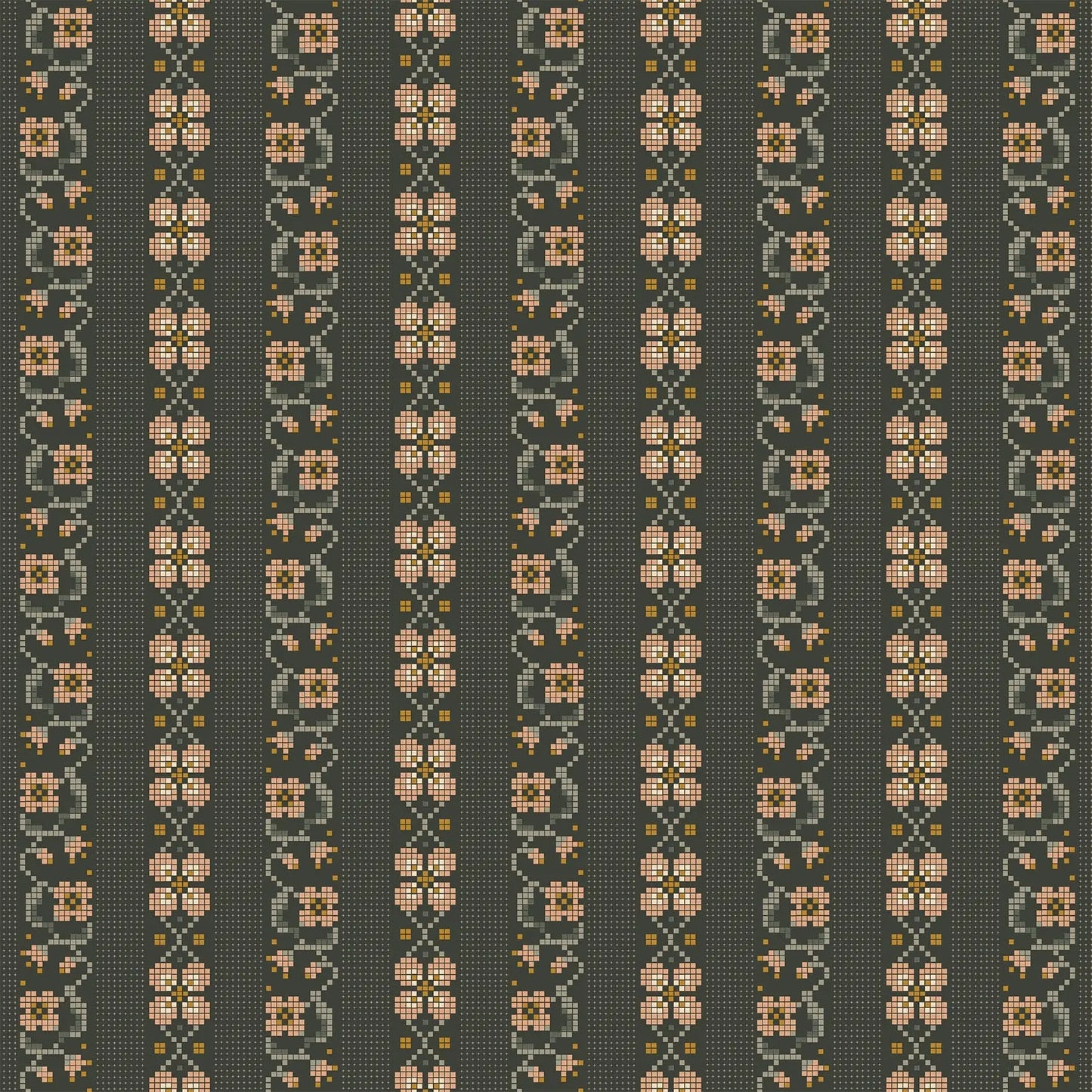 Fabric with a green background with striped cross stich illustration design. from Klara FIGO Fabrics fat quarter bundle Bernadett Urbanovics