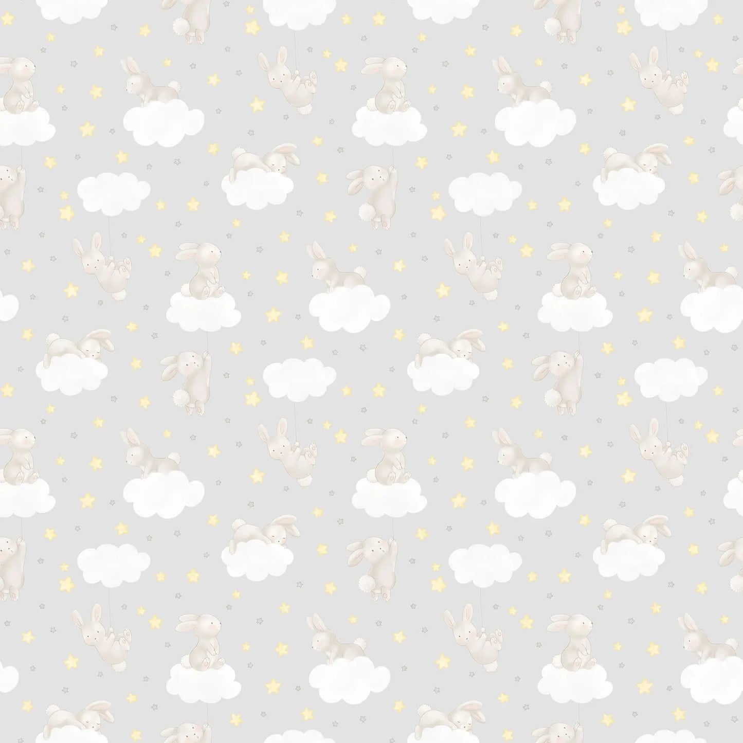 a gray flannel fabric with a bunny clouds stars illustrations. from FIGO Fabrics line Snuggle Bunny. 100% Cotton for quilting and crafting