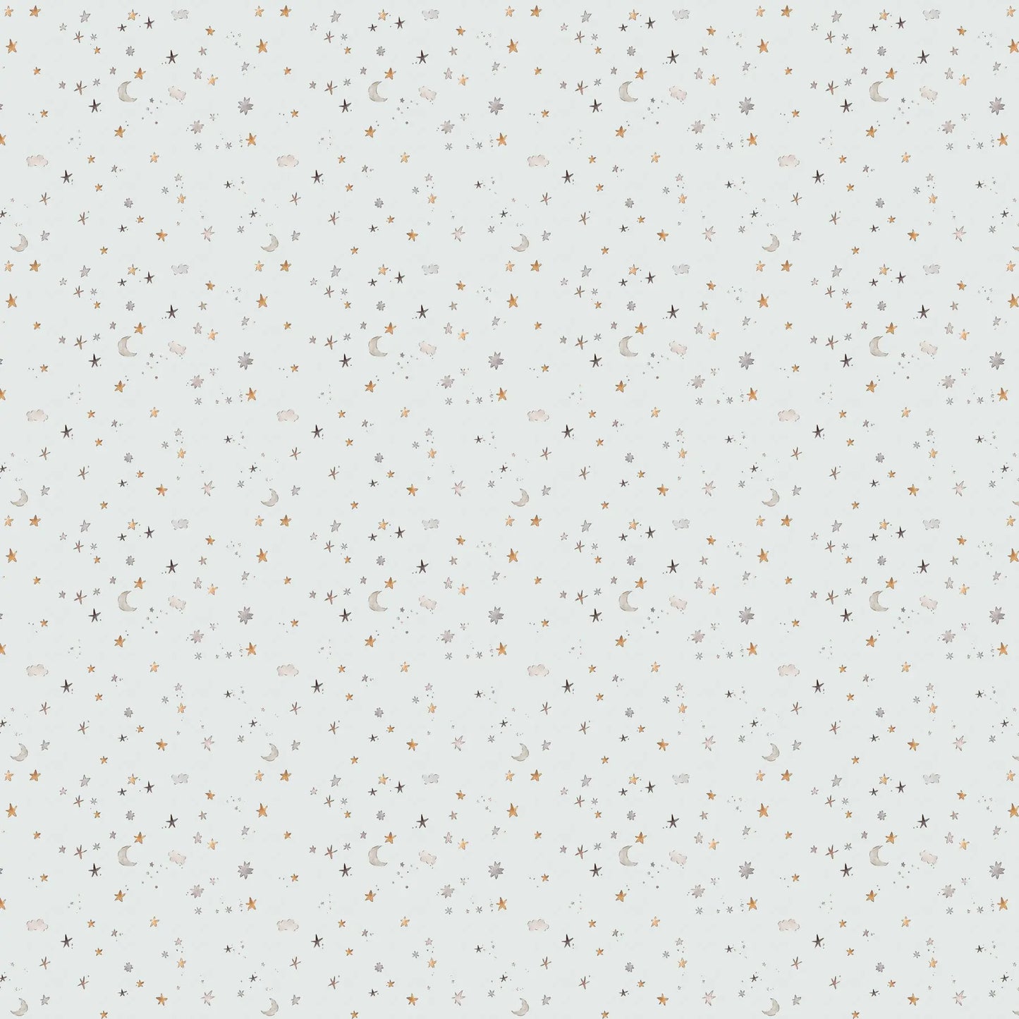 Pattern of small stars and geometric shapes on a light blue background. 100% cotton fabric for child quilt