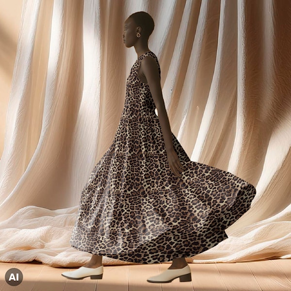 A woman in profile wearing a sleeveless leopard-print maxi dress and white block-heel mules, standing in a studio with draped beige fabric and warm directional light.