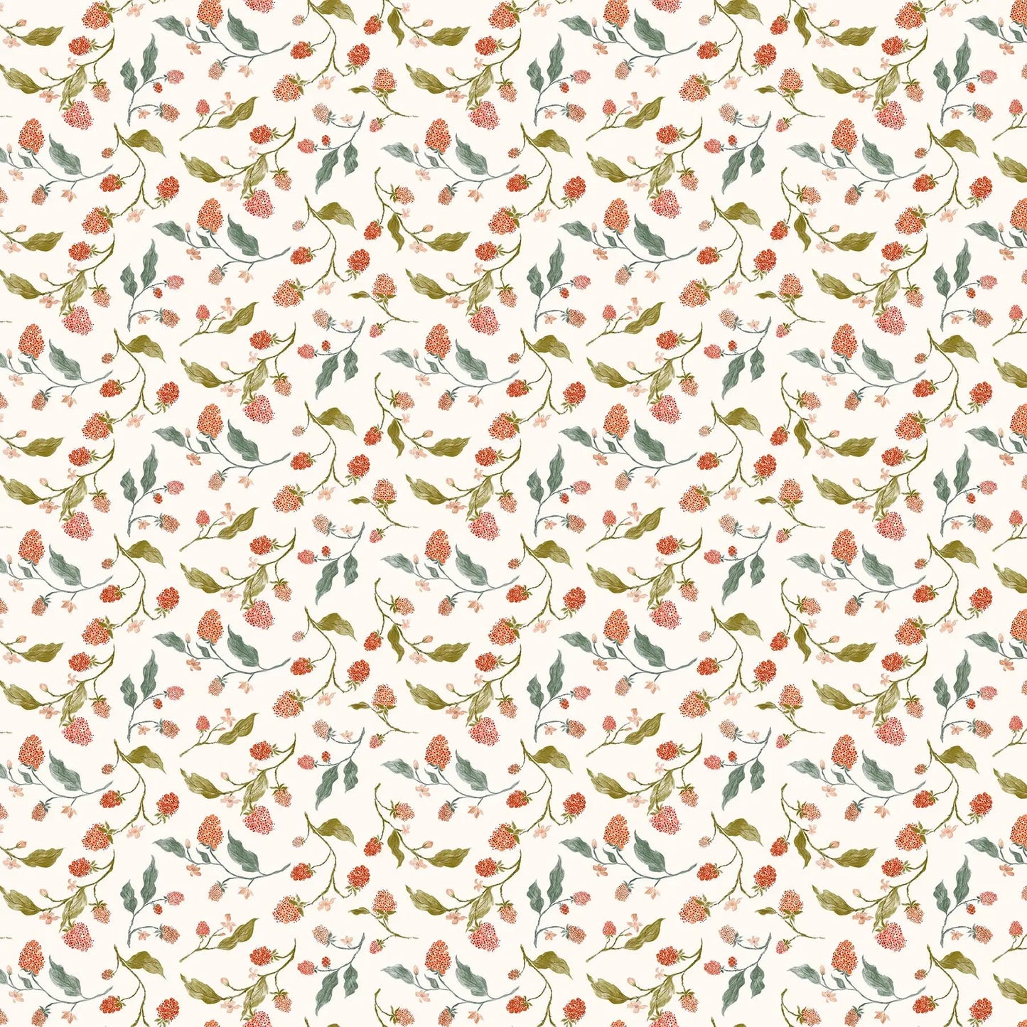 fabric with a light background and pattern of red, pink and green flowers berries and plants.