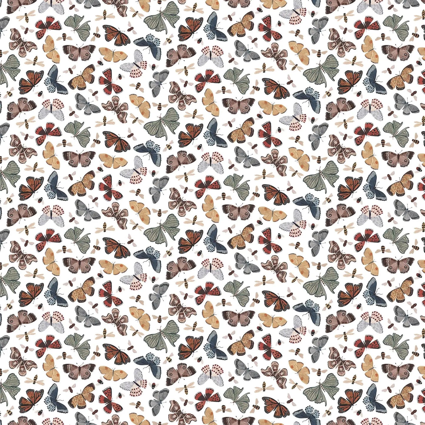 white colored fabric with multicolored butterfly iillustrations. typically used for quilting and crafting. from Eden from FIGO Fabrics
