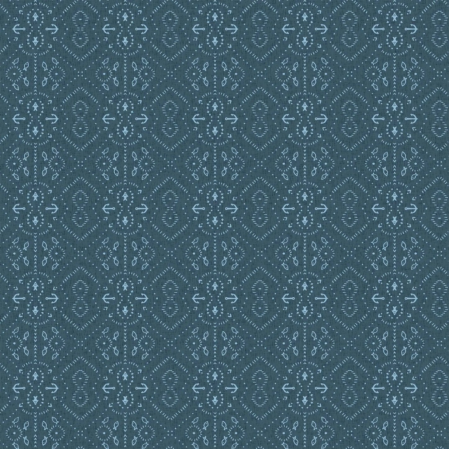 Fabric with a blue background and fish and anchor illustrations. From Calm Waters by FIGO Fabrics. 100% Cotton for quilting, sewing, and crafting.