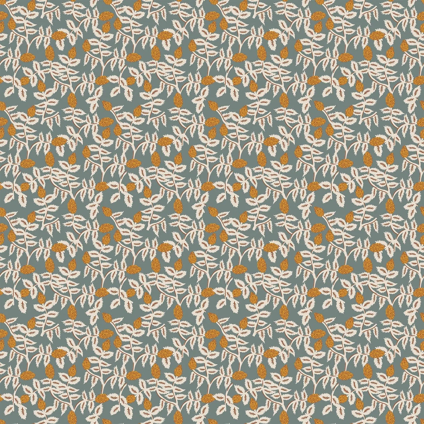 A fabric with a blue background and white and gold trellis pattern. From wild cottage collection figo fabrics fat quarter bundle.