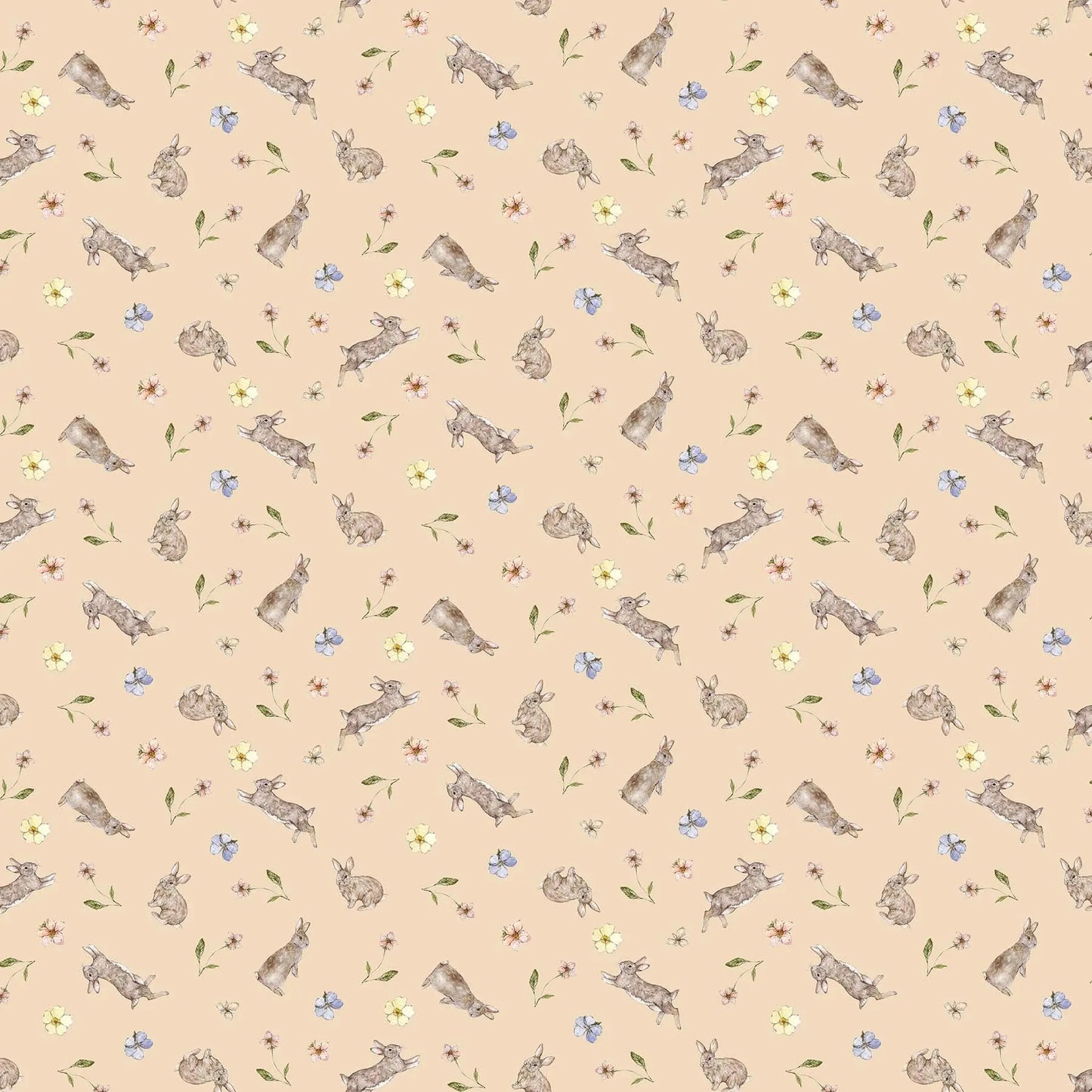 A fabric with a blush background featuring a rabbit and flower illustrations. From Heavenly Hedgerow Figo Fabrics 100% cotton for sewing and crafting.