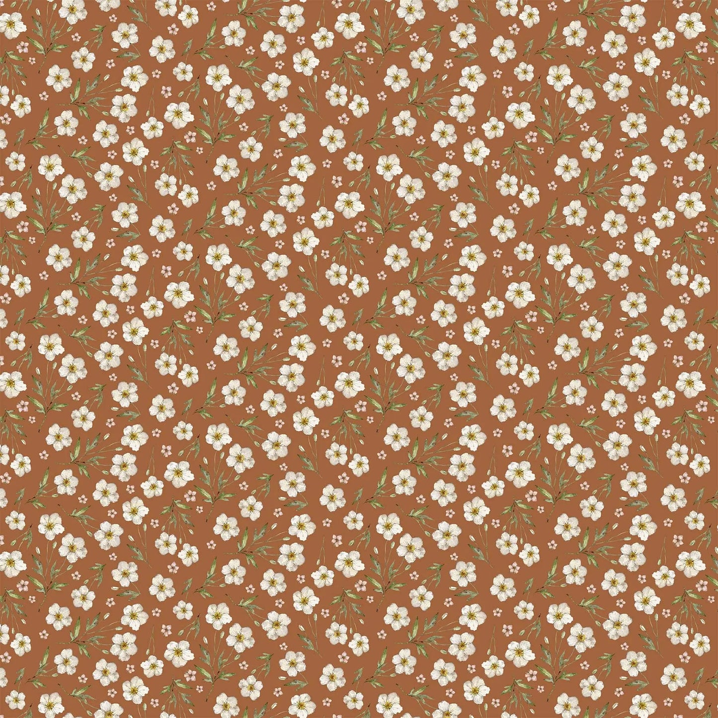A fabric with a brown background featuring small flower illustrations. From Heavenly Hedgerow Figo Fabrics 100% cotton for sewing and crafting.