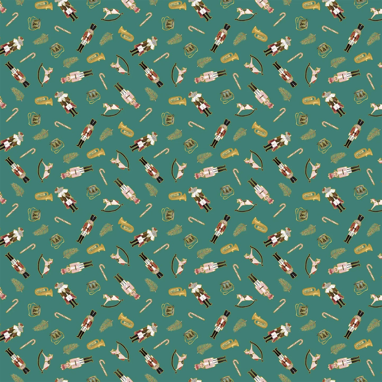 Fabric with a teal background and nutcracker and rocking horse illustrations. Christmas fabric bundle 11 Piece Fat Quarters, Noel by Figo Fabrics. 100% cotton for sewing and crafting.