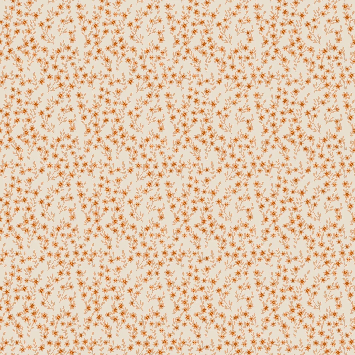 A fabric with a cream background and small orange flower bunch pattern. From wild cottage collection figo fabrics fat quarter bundle.