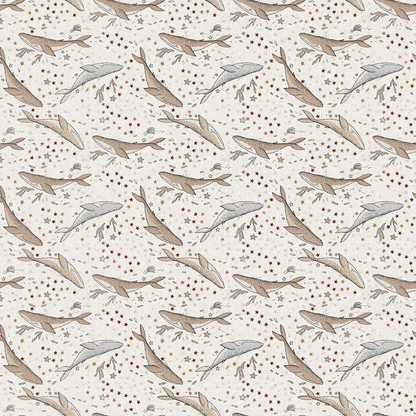 Fabric with a cream background and whale and seascape illustrations. From Calm Waters by FIGO Fabrics. 100% Cotton for quilting, sewing, and crafting.