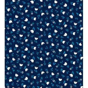 Fabric with a blue background and white tulip illustrations. From "Smol" by Kimberly Knight for Ruby Star Society. 100% cotton for sewing, quilting, and crafting.