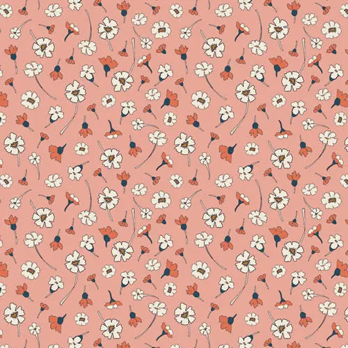 Fabric with a pink background and small flower illustrations. From "Homebody" by Maureen Cracknell for Art Gallery Fabrics. 100% Cotton fabric for sewing and crafting.