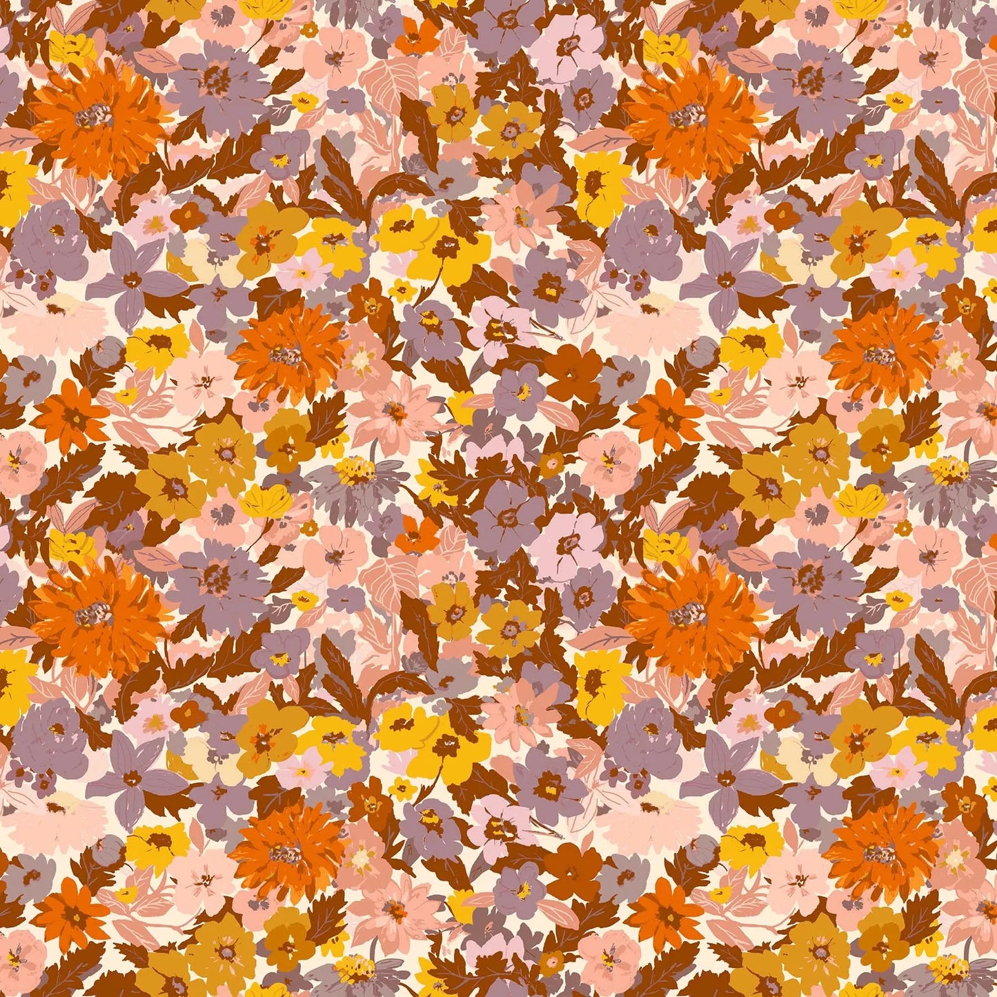 Fabric with a dense flower and leave warm pattern. From Summers End line by Alison Janssen for FIGO Fabrics. 100% cotton for sewing, crafting, and quilting.